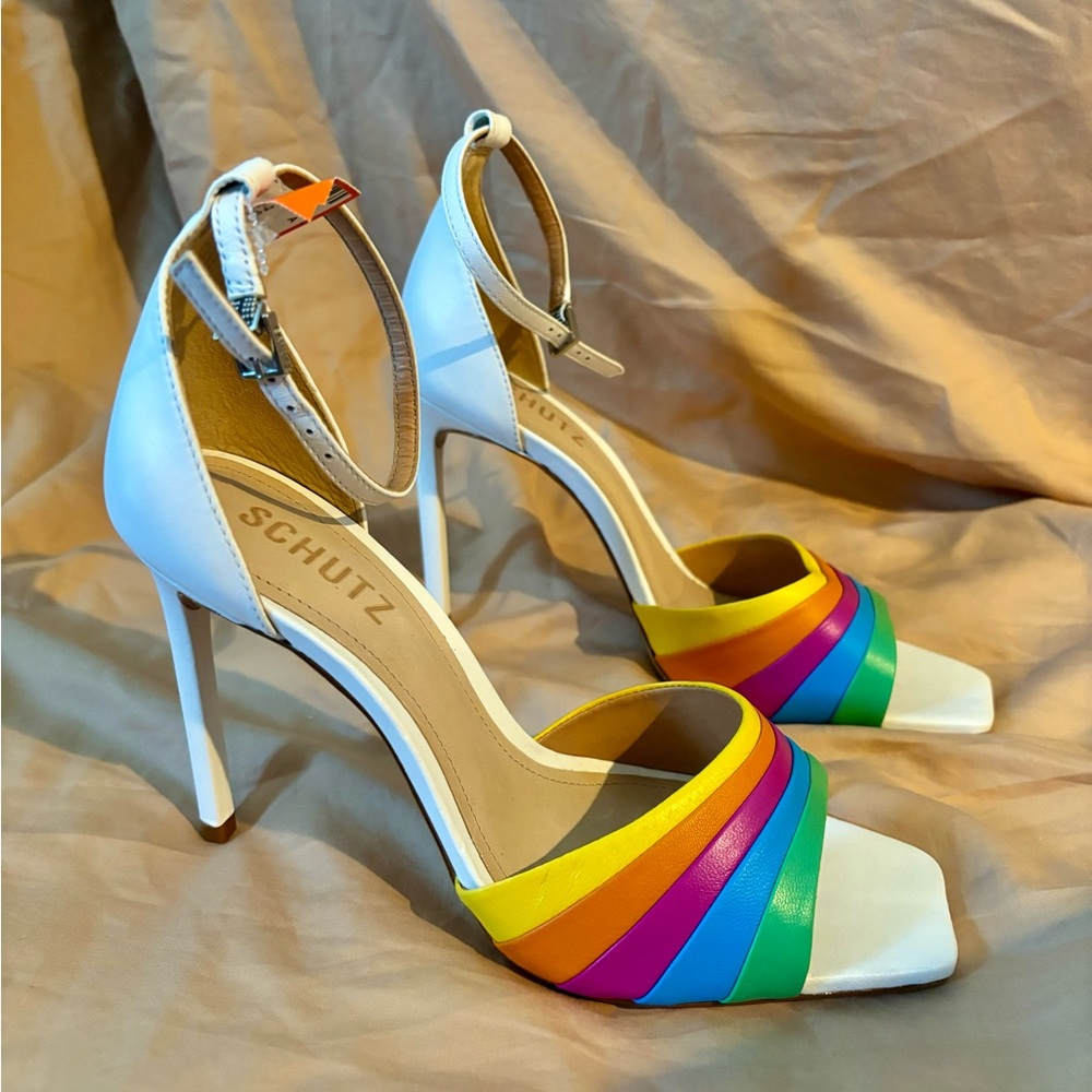 BRAND NEW SCHUTZ, size 7.5 Rainbow & White Leather AMA Sandal